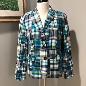 Talbots Turquoise White Teal Navy Madras Plaid Patchwork Cotton Blazer Size 4